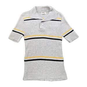 Vintage 1970s Montgomery Ward Polyester Stripe Polo‎ – Men's XS • Grey Yellow